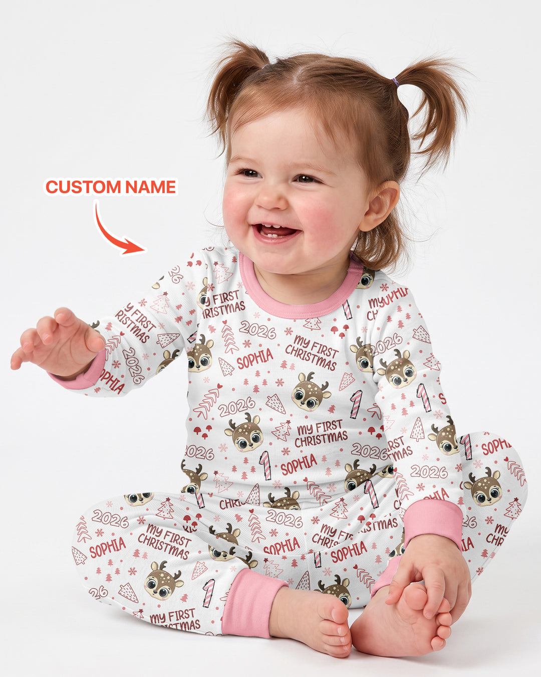 Custom Name Cute Reindeer My First Christmas Bamboo Two Piece Long Sleeve Pajama Set