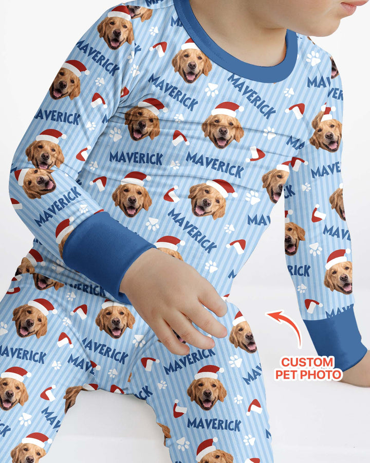Custom Pet Photo Christmas Paws Stripe Bamboo Two Piece Long Sleeve Pajama Set