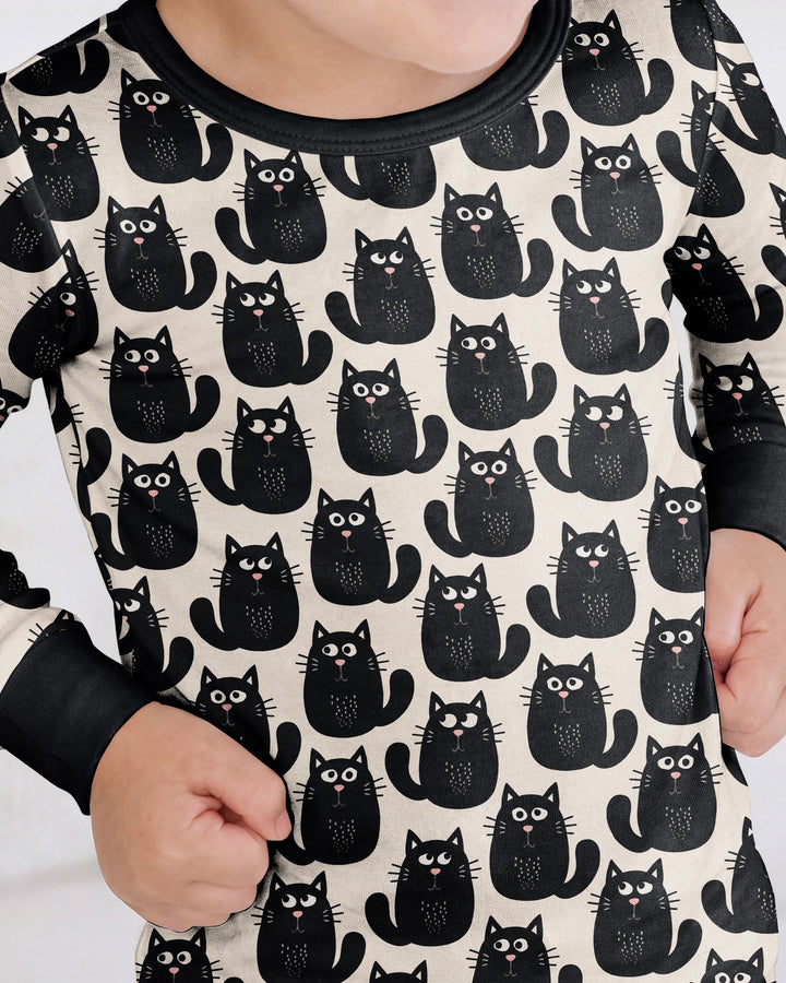 Moody Black Cats in Black and White Bamboo Two Piece Long Sleeve Pajama Set