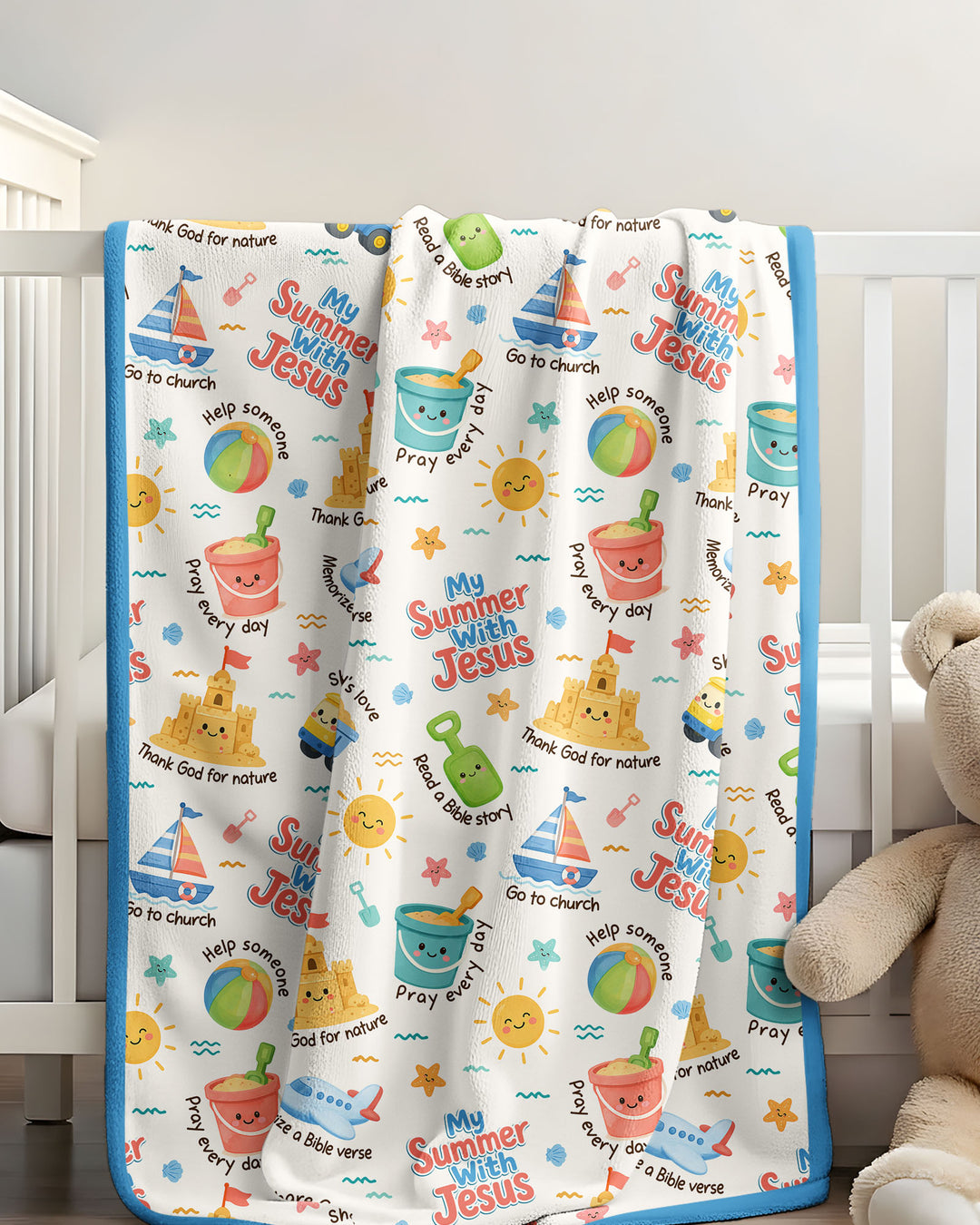 Colorful Summer Beach With Jesus Bamboo Blanket
