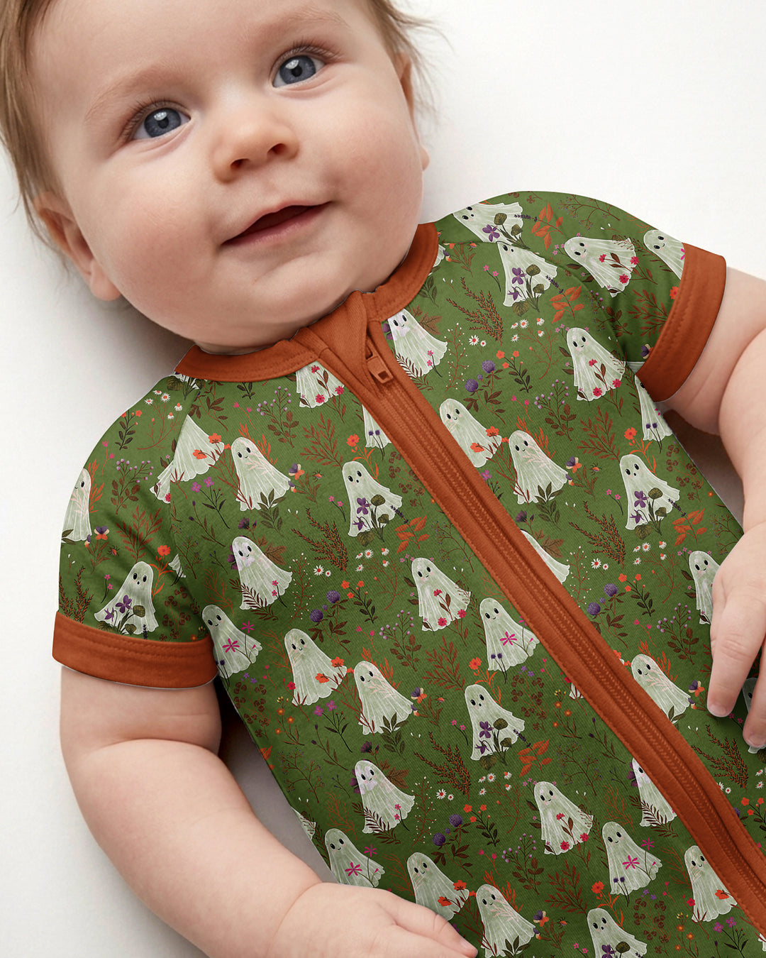 Cute Ghost Halloween Moss Green Floral Bamboo Shorty Zippy