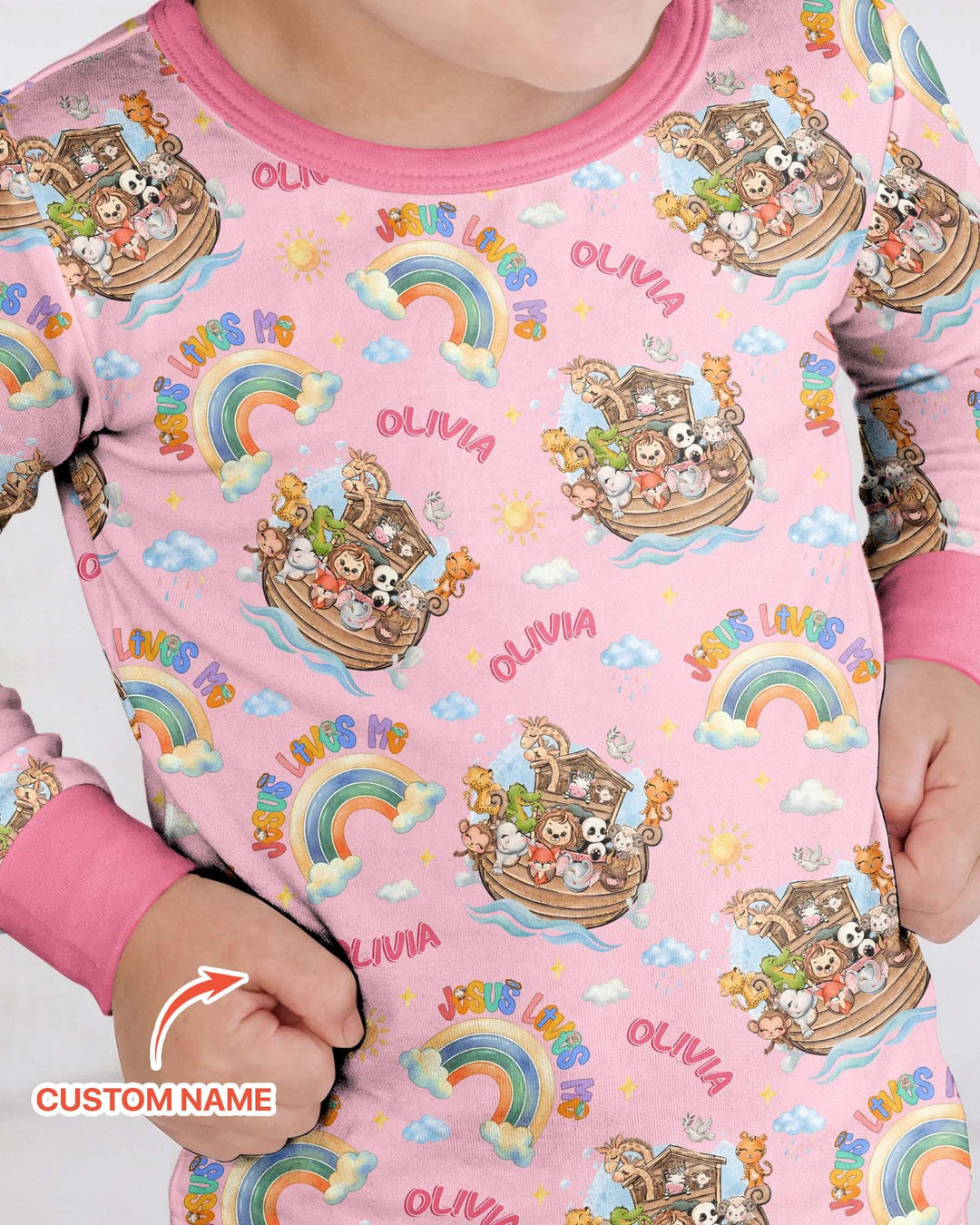 Custom Name Jesus Loves Me Noah's Ark Bamboo Two Piece Long Sleeve Pajama Set