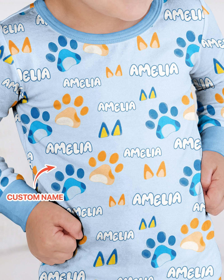 Custom Name Favourite Blue Dog Family Matching Bamboo Two Piece Long Sleeve Pajama Set