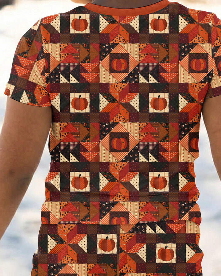 Vintage Pumpkin Patchwork Fall Bamboo Two Piece Short Sleeve Pajama Set