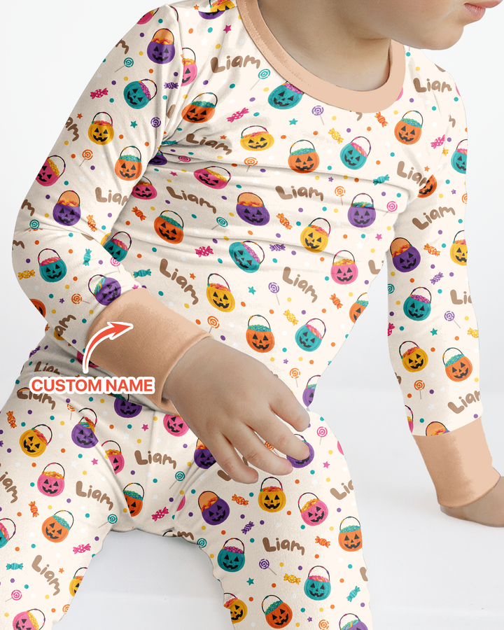 Custom Colorful Trick Or Treat Halloween Candy Bag Bamboo Two Piece Long Sleeve Pajama Set