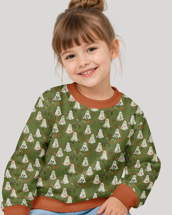Cute Ghost Halloween Moss Green Floral Bamboo Crewneck Sweatshirt