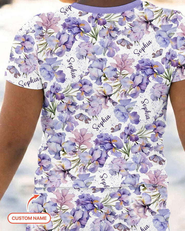 Custom Name Birth Month Flowers Bamboo Two Piece Short Sleeve Pajama Set