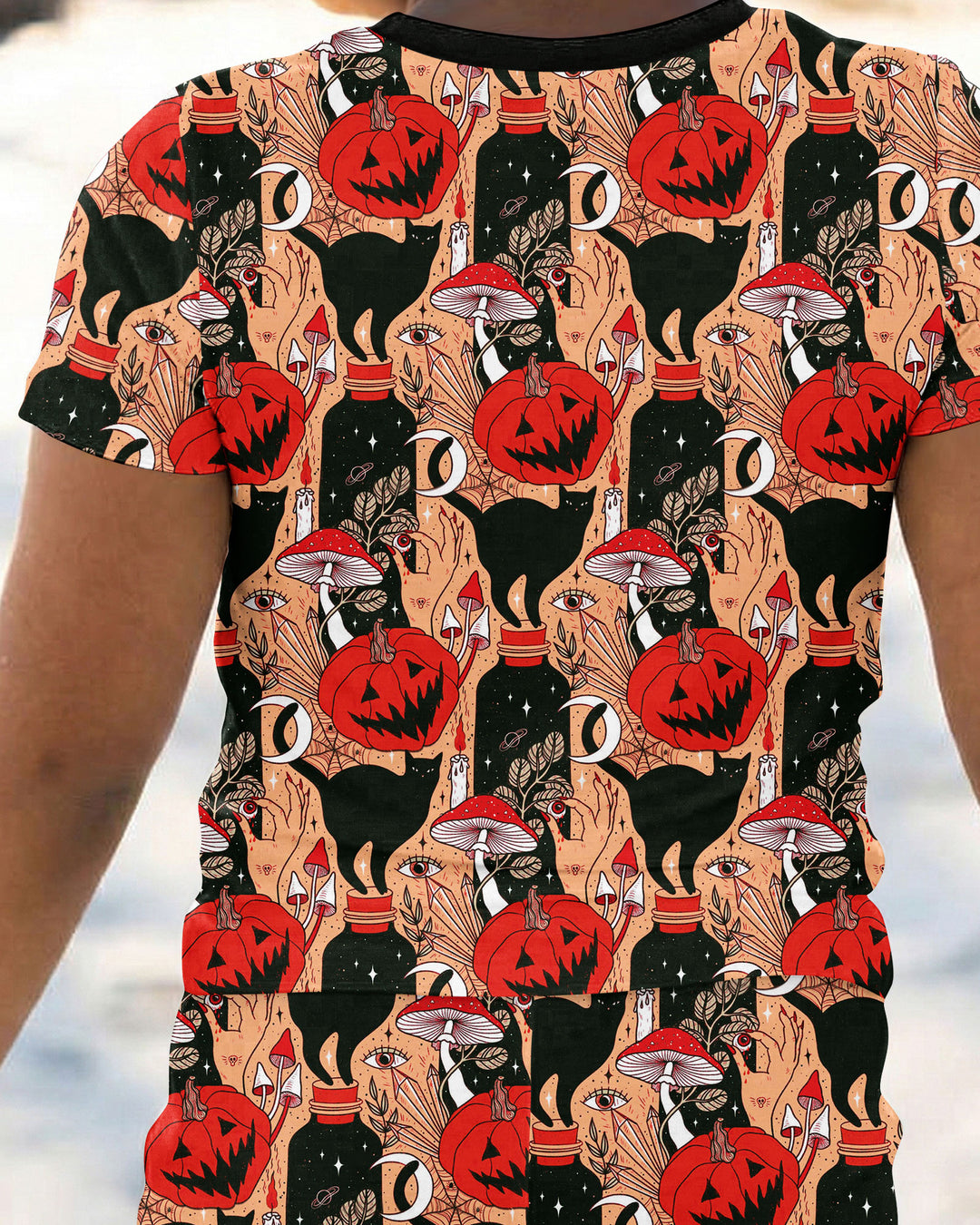 Black Cat And Pumpkin Halloween Bamboo Two Piece Short Sleeve Pajama Set