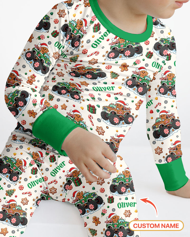 Custom Name Monster Truck Gingerbread Bamboo Two Piece Long Sleeve Pajama Set