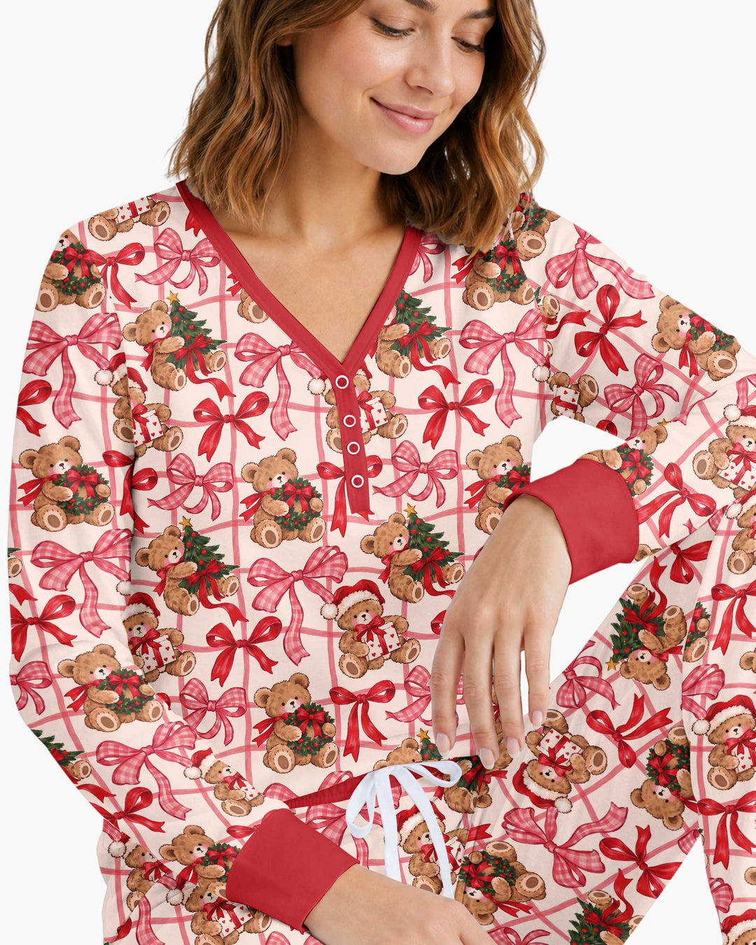 Pink Christmas Teddy Bear Plaid Mommy & Me Matching Bamboo Women Pajama Set
