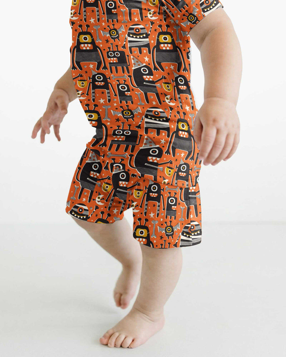 Mid Century Halloween Monster Toss Bamboo Two Piece Short Sleeve Shorts Pajama Set
