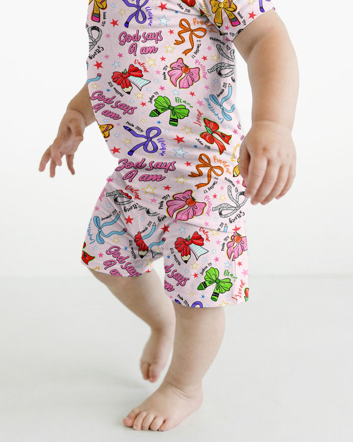 Pencil Bows God Says I Am Bamboo Two Piece Short Sleeve Shorts Pajama Set