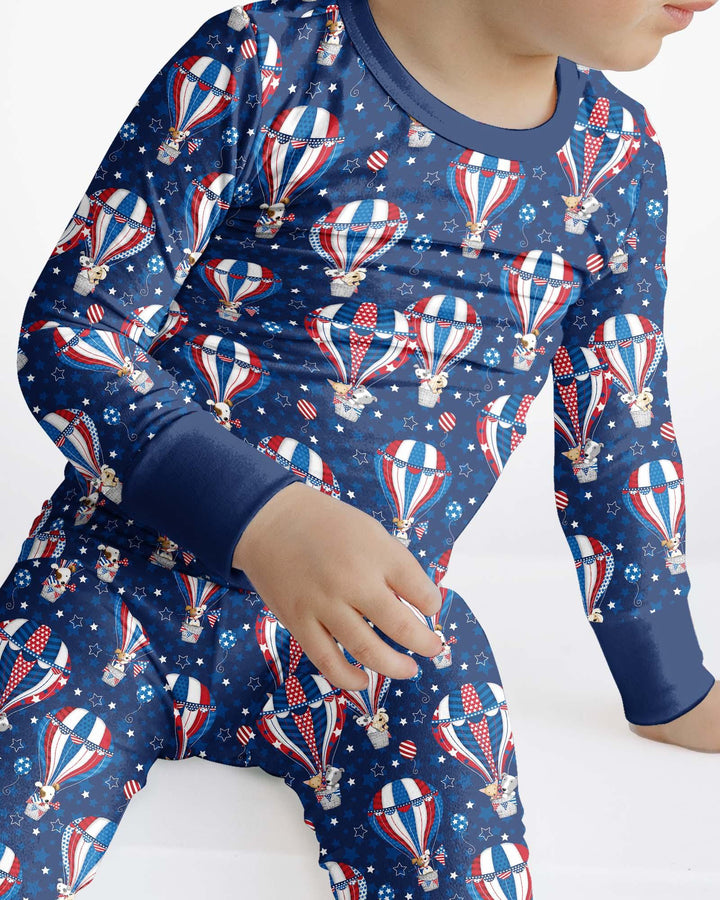 Patriotic Pups in Hot Air Balloons Family Matching Bamboo Two Piece Long Sleeve Pajama Set