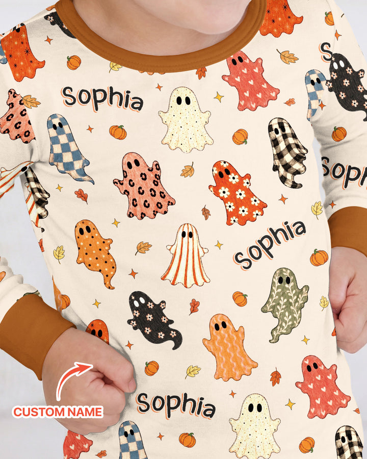 Custom Name Fall Ghost Bamboo Two Piece Long Sleeve Pajama Set
