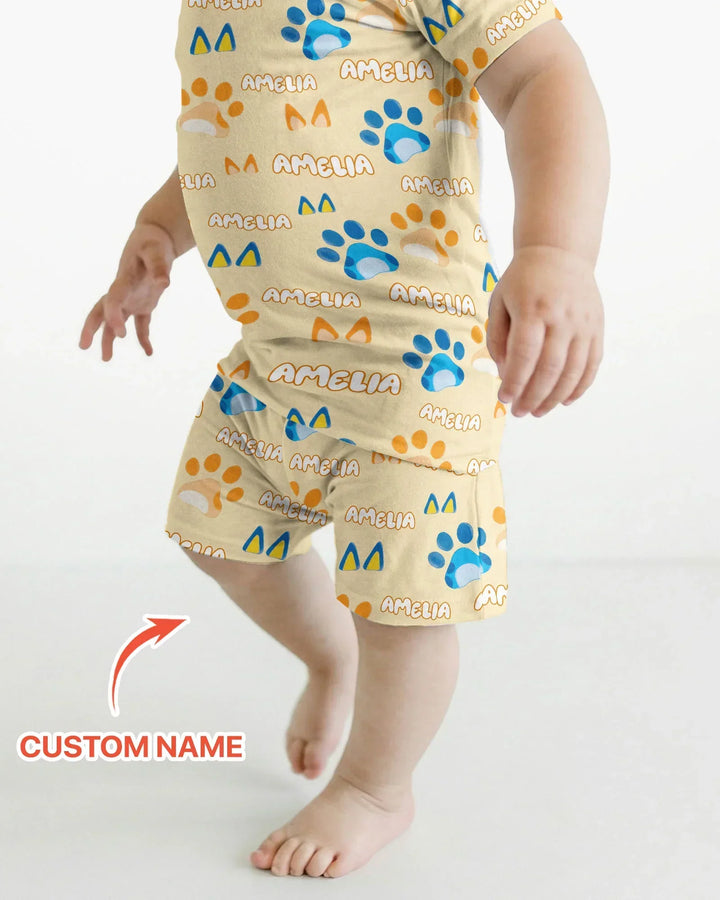 Custom Name Favourite Blue Dog Family Matching Bamboo Two Piece Short Sleeve Shorts Pajama Set