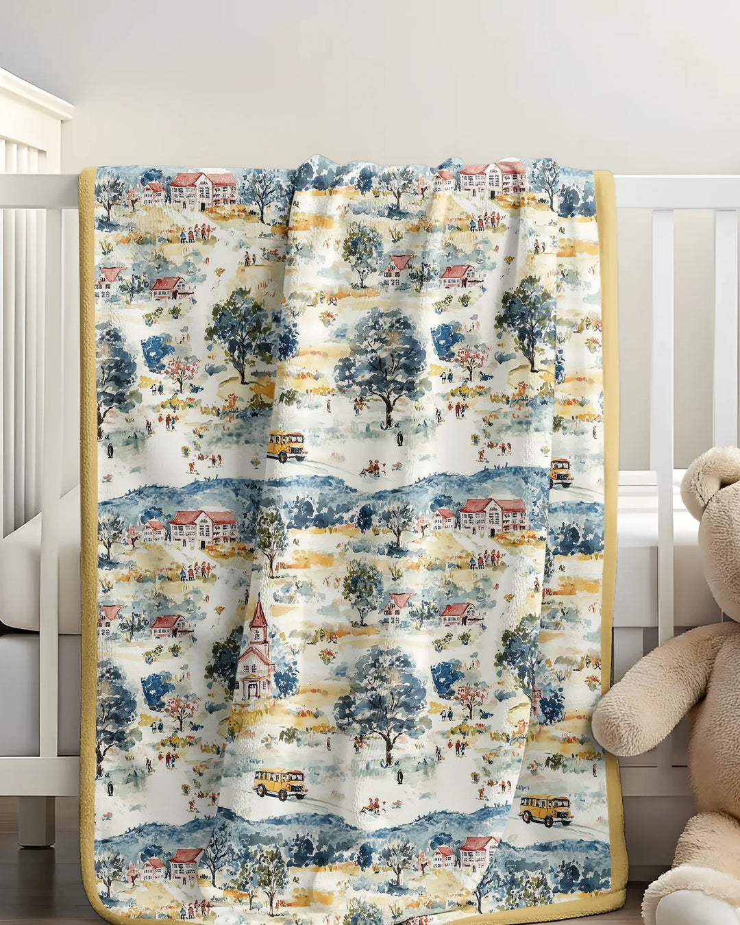 Whimsical Watercolor School Village Bamboo Blanket