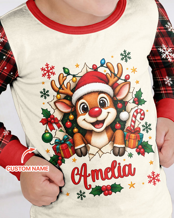 Cute Reindeer in Santa Hat Bamboo Two Piece Long Sleeve Pajama Set