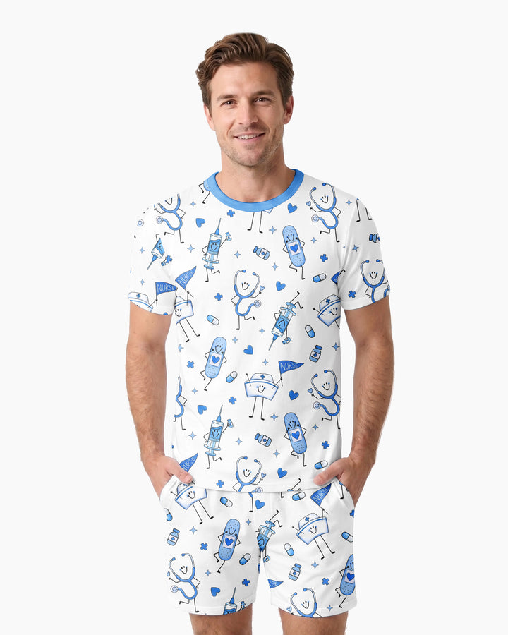 Cute Nurse Crew Bamboo Men Short Sleeve Short Pajama Set