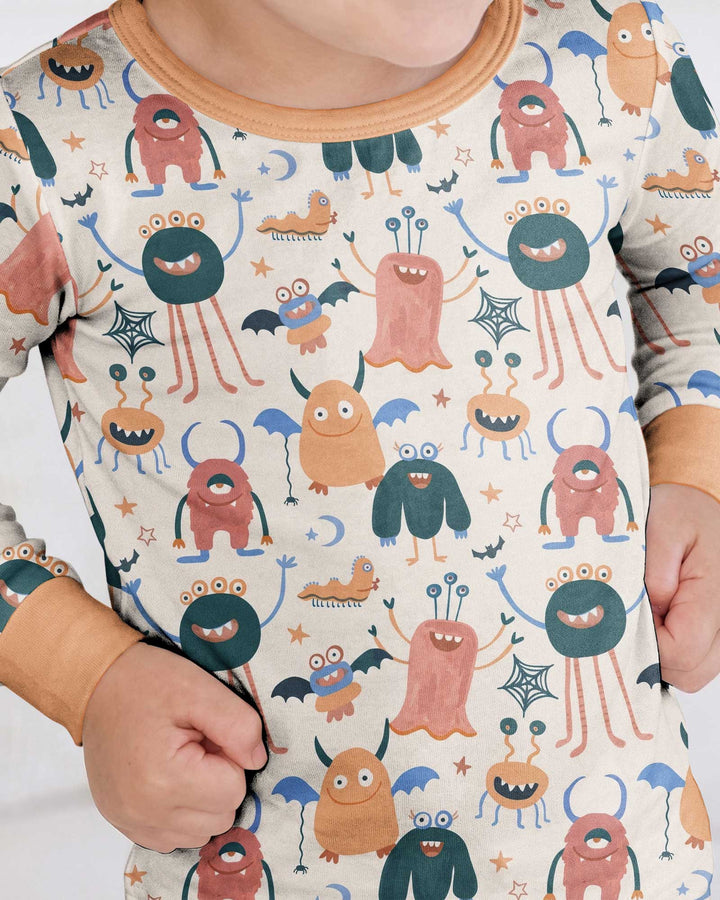 Monsters Fun Pastels Hand Painted Cute Bamboo Two Piece Long Sleeve Pajama Set