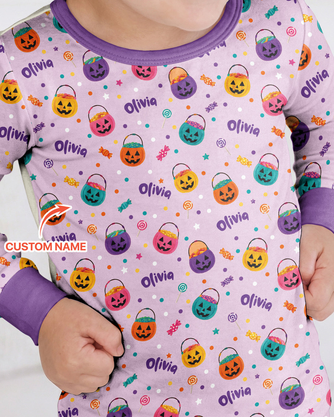 Custom Colorful Trick Or Treat Halloween Candy Bag Bamboo Two Piece Long Sleeve Pajama Set