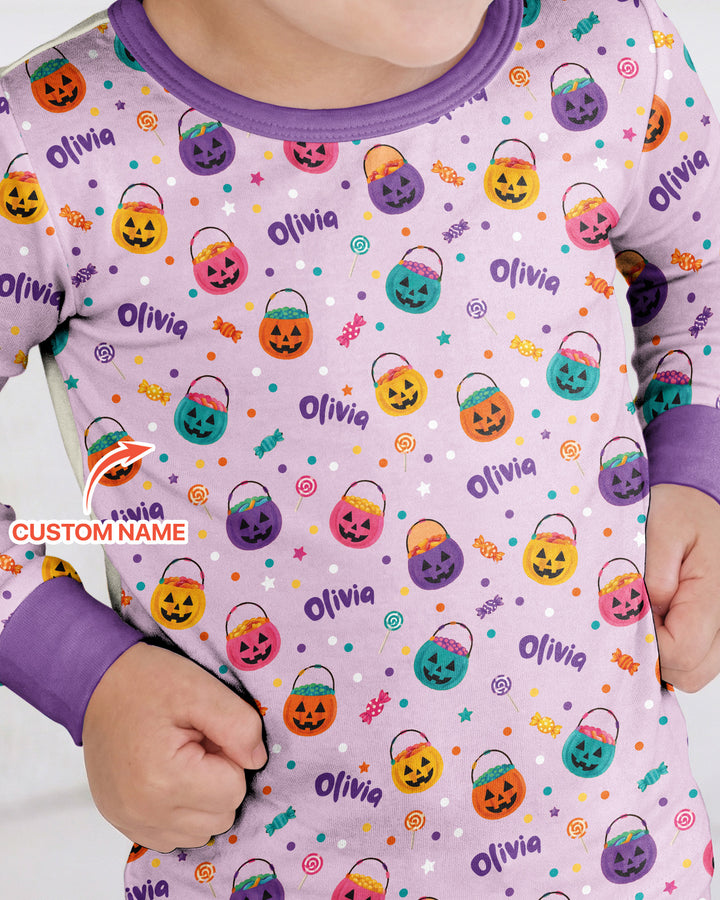 Custom Colorful Trick Or Treat Halloween Candy Bag Bamboo Two Piece Long Sleeve Pajama Set