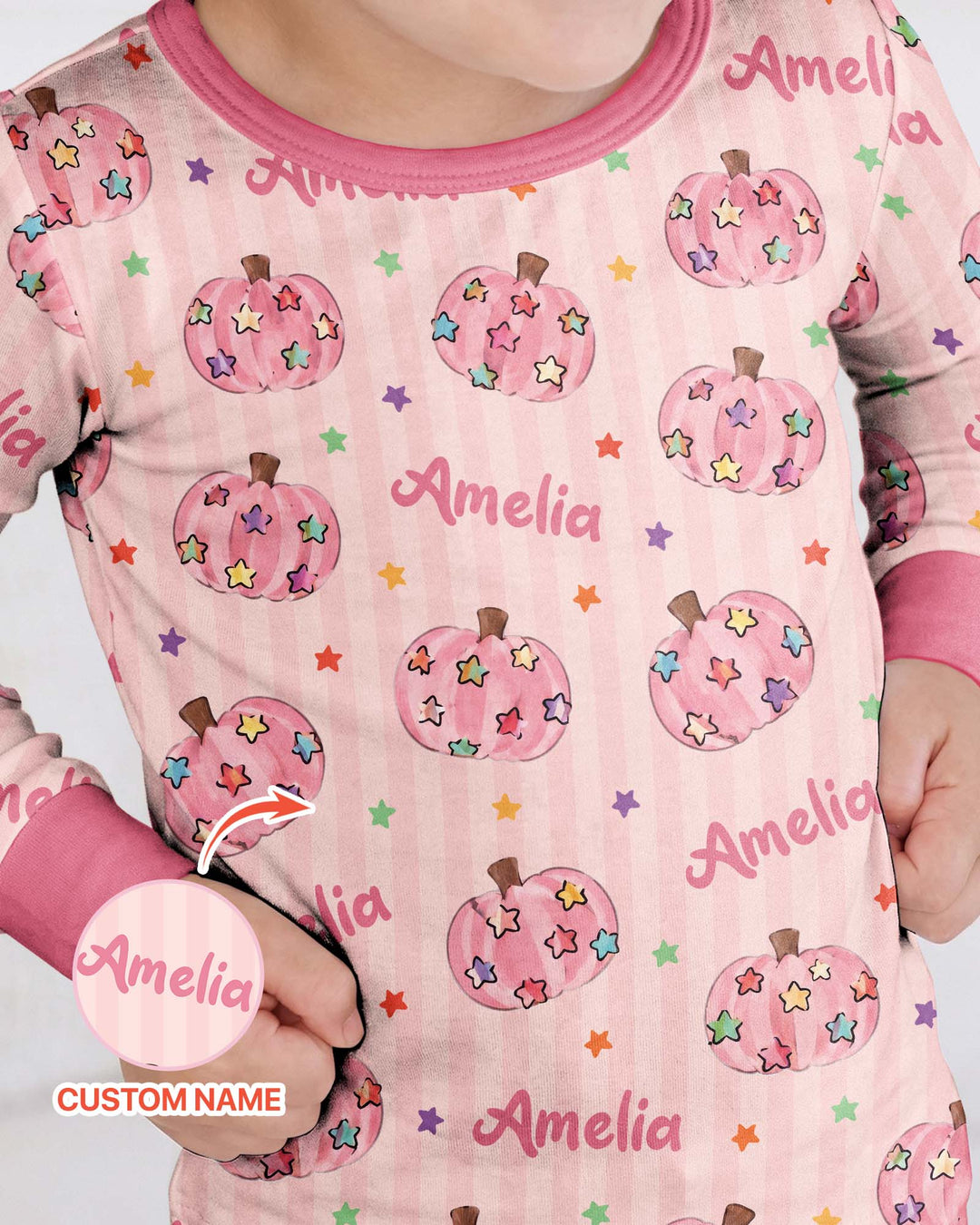Colorful Star Pumpkin Custom Name Bamboo Two Piece Long Sleeve Pajama Set