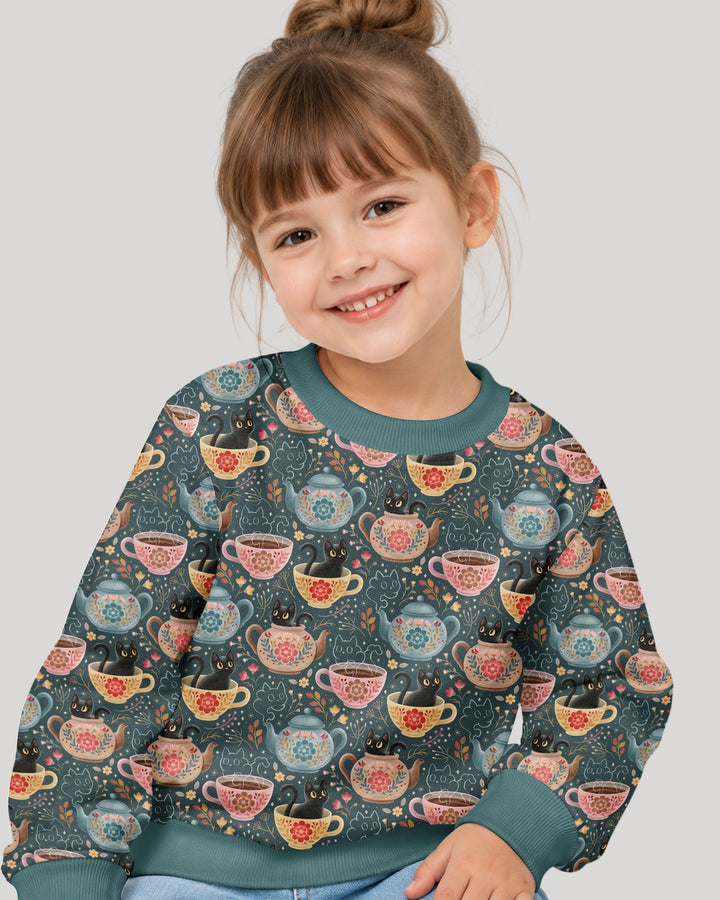 Folk Floral Black Cat Tea Party Bamboo Crewneck Sweatshirt