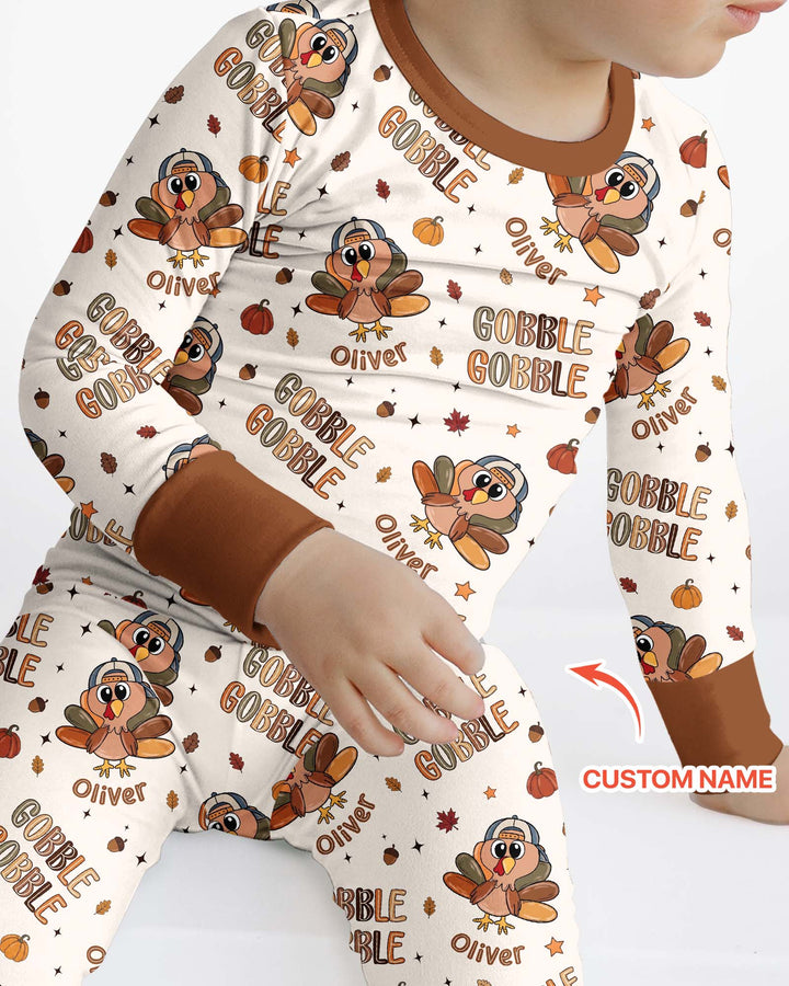 Custom Name Gobble Gobble Bamboo Two Piece Long Sleeve Pajama Set