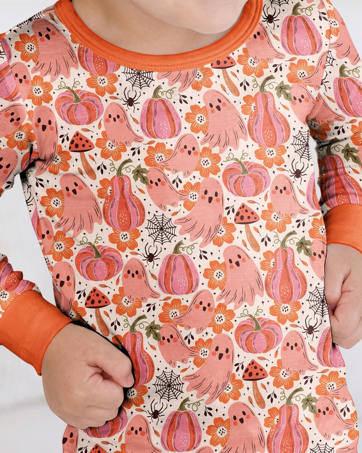 Pink Ghost Pumpkin Fall Floral Halloween Bamboo Two Piece Long Sleeve Pajama Set