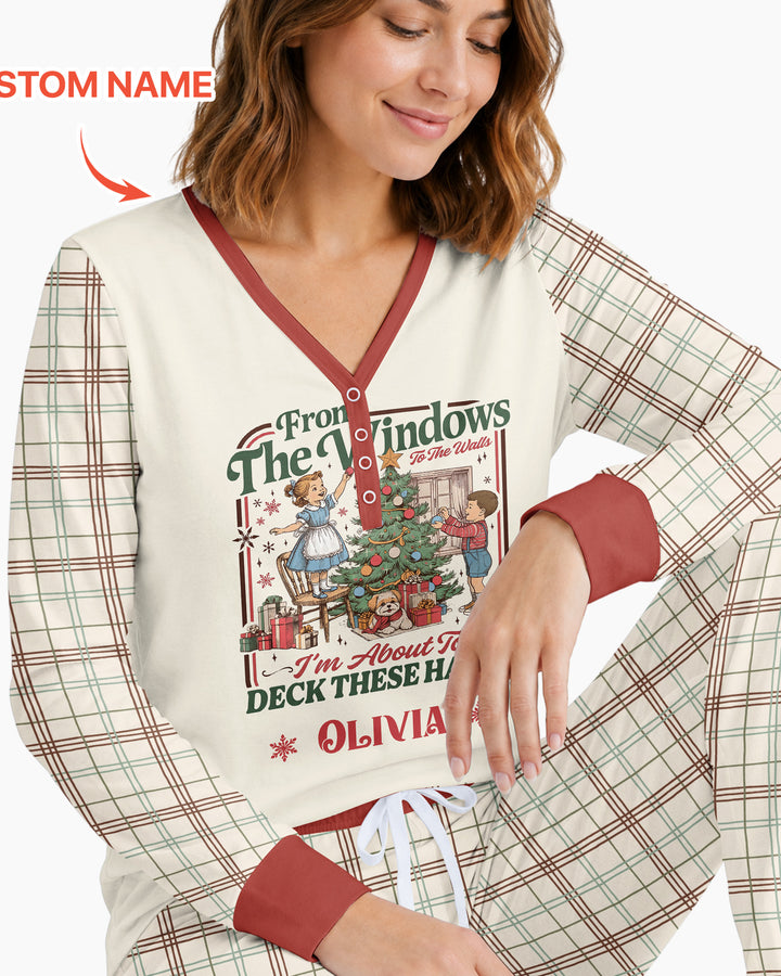 Custom Name Vintage Deck The Halls Bamboo Women Pajama Set