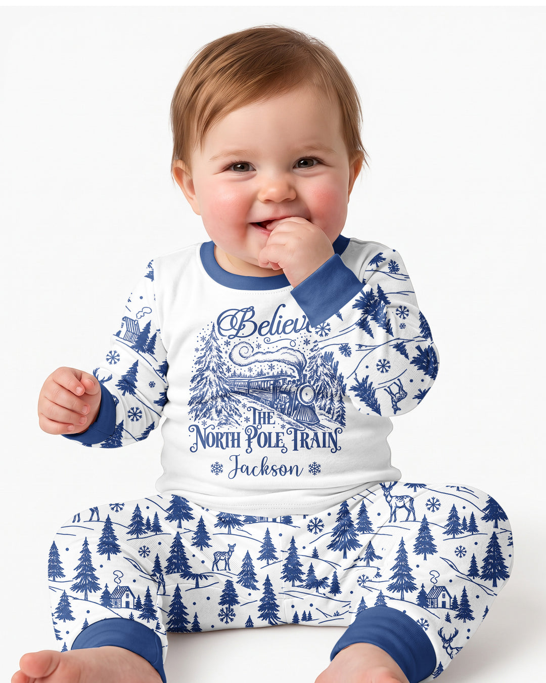 Custom Name North Pole Train Bamboo Two Piece Long Sleeve Pajama Set