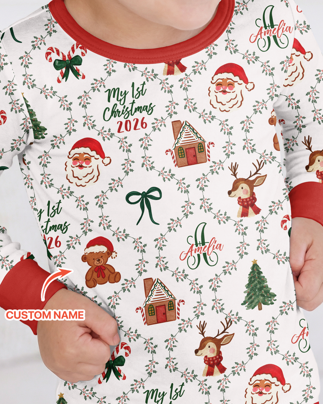 Custom name "Fancy Monogram Red Christmas 2026" Bamboo Two Piece Long Sleeve Pajama Set