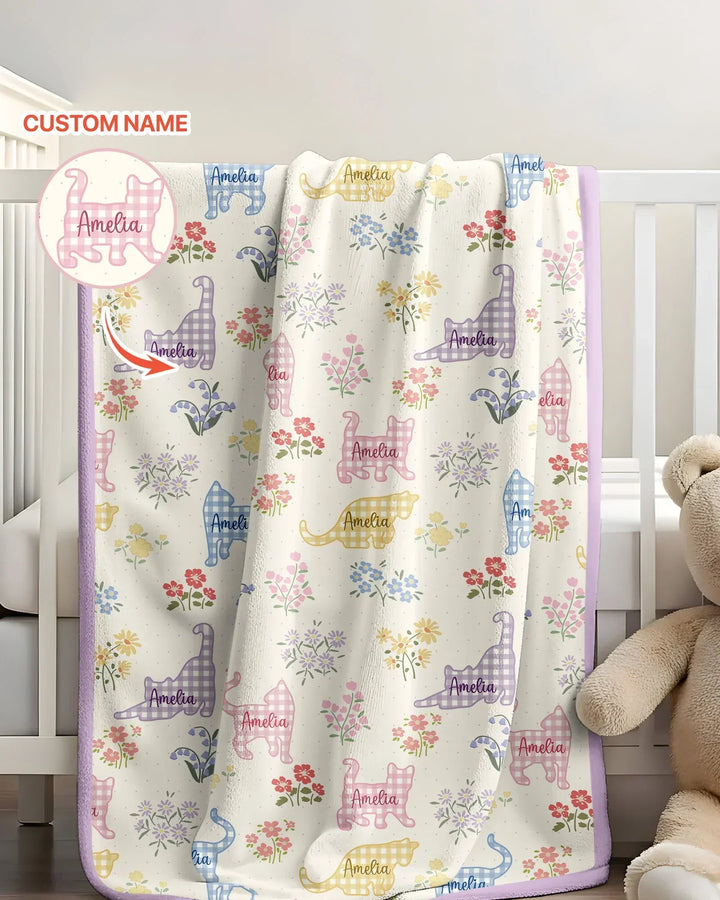Gingham Cats Custom Name Bamboo Blanket