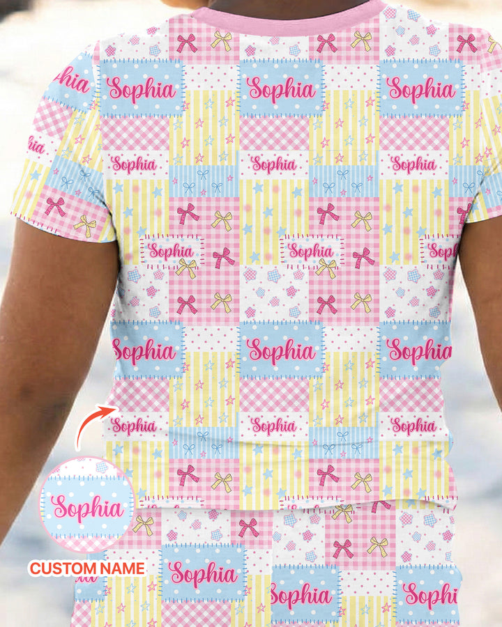 Custom Name Sweet Patchwork Bamboo Two Piece Short Sleeve Pajama Set