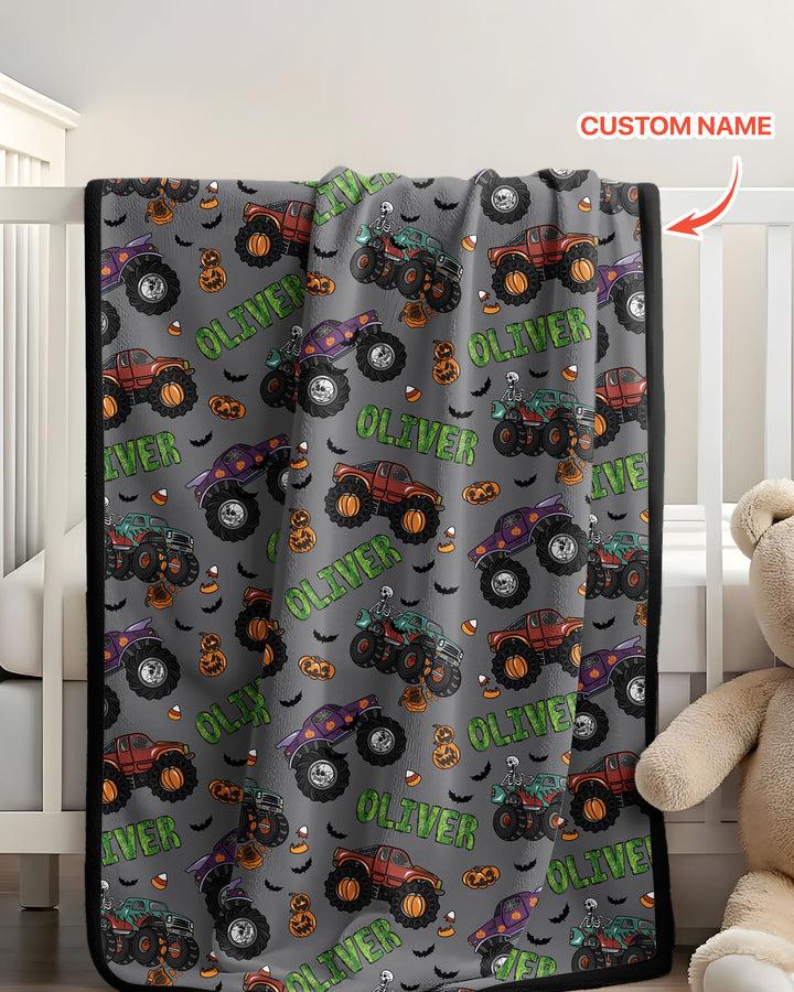 Custom Name Haunted Monster Trucks Bamboo Blanket