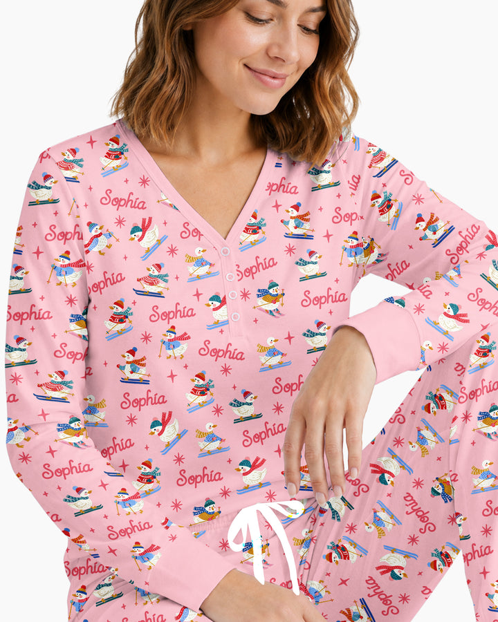 Custom Name Skiing Goose Bamboo Women Pajama Set