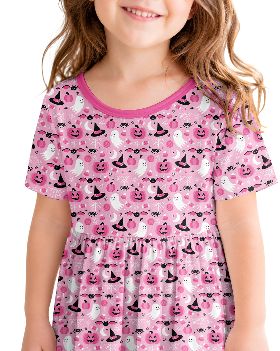 Cute Pink Halloween Ghost Pumpkin Witch Bamboo Twirl Dress