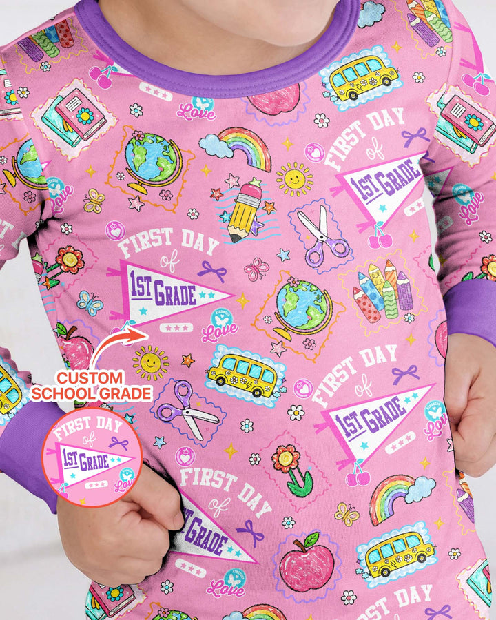 Custom Grade Girls School First Day Bamboo Two Piece Long Sleeve Pajama Set