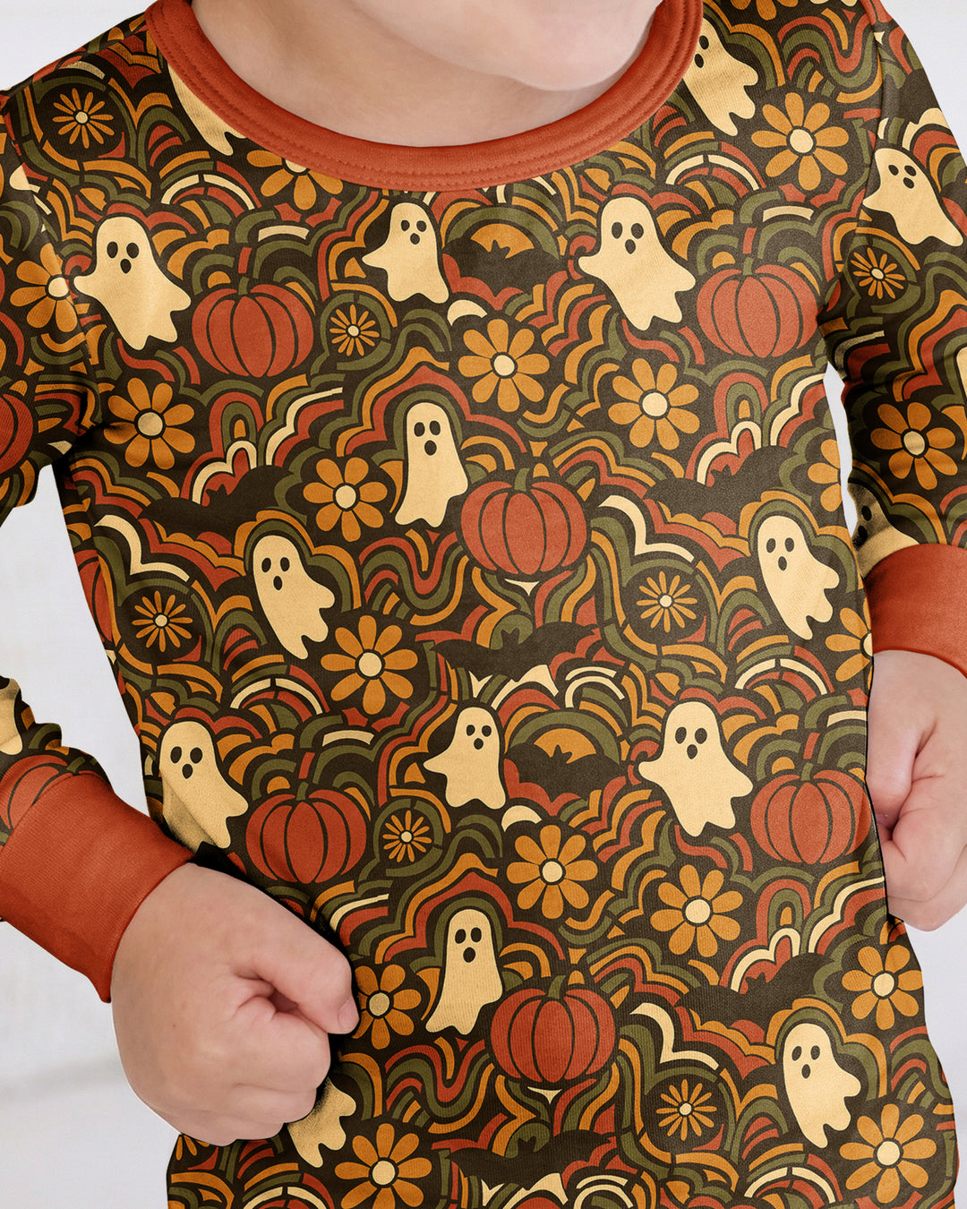 Retro Halloween Ghost Pumpkin Floral Bamboo Two Piece Long Sleeve Pajama Set