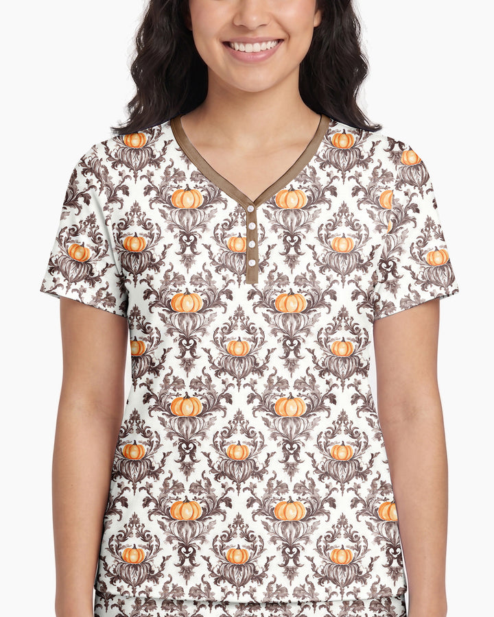 Pumpkin Toile Family Matching Bamboo Women Short Sleeve Short Pajama Set