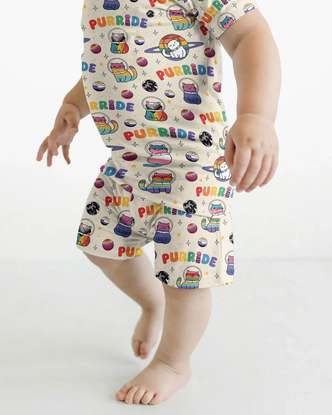 Rainbow Space Cats Family Matching Bamboo Two Piece Short Sleeve Shorts Pajama Set
