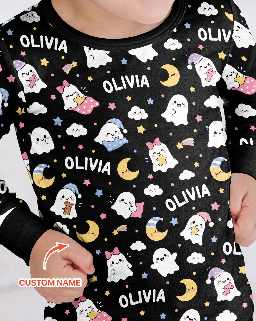 Sweet Dreams Cute Ghost Custom Name Bamboo Two Piece Long Sleeve Pajama Set