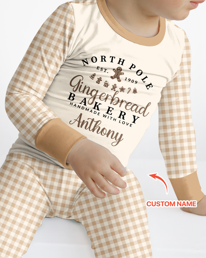 Custom Name Gingerbread Bakery Bamboo Two Piece Long Sleeve Pajama Set