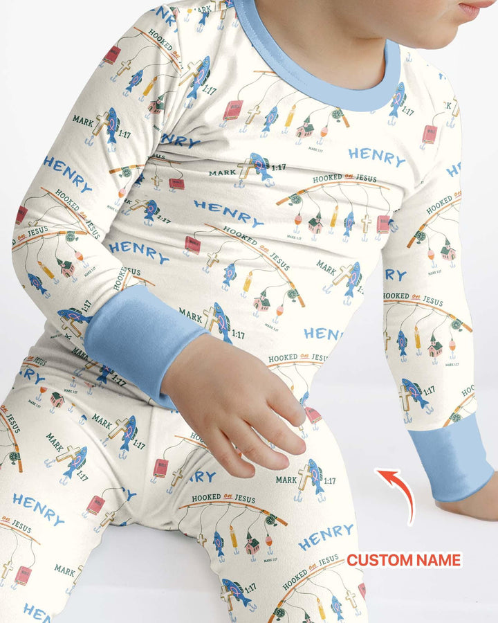 Hooked On Jesus Fishing Matching Bamboo Two Piece Long Sleeve Pajama Set