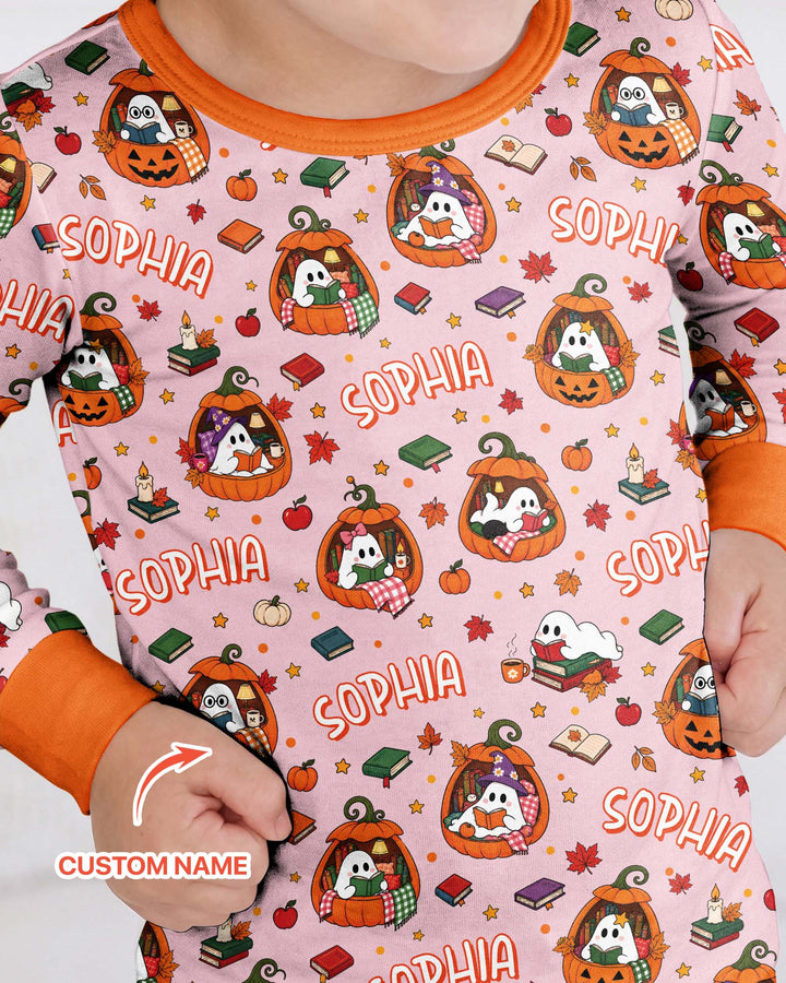 Bookish Ghost Halloween Custom Name Bamboo Two Piece Long Sleeve Pajama Set