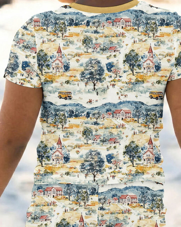 Whimsical Watercolor School Village Bamboo Two Piece Short Sleeve Pajama Set