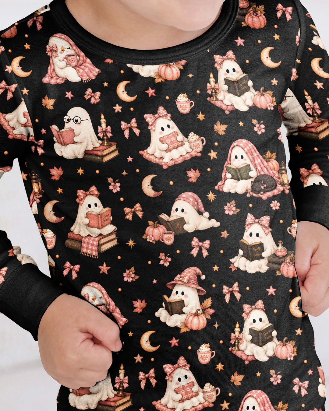 Coquette Bookish Ghost Halloween Bamboo Two Piece Long Sleeve Pajama Set