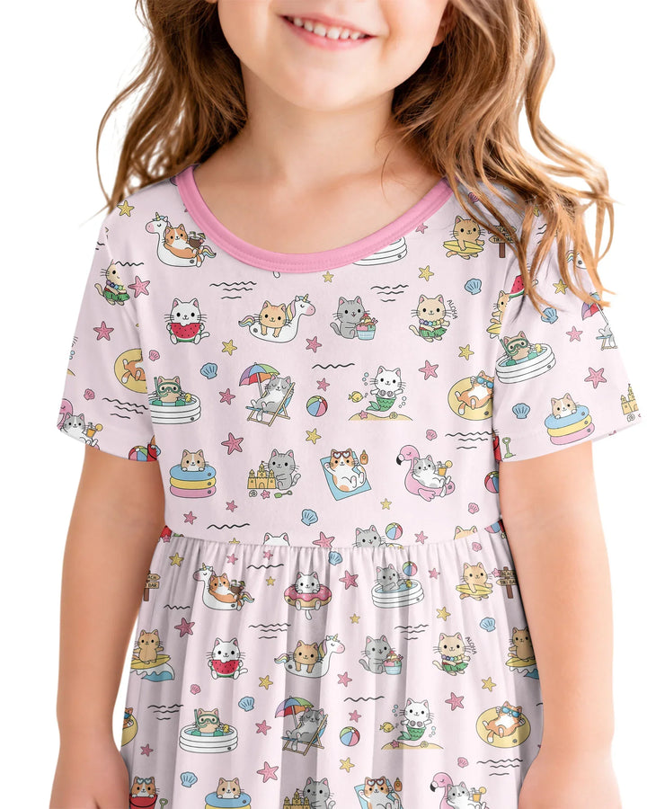 Kawaii Cats Summer Vacation Bamboo Twirl Dress