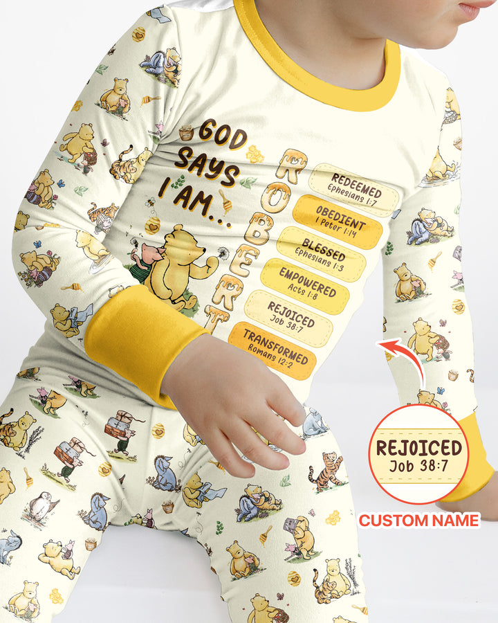 Personalized God Says I Am – Beloved Bear Bamboo Two Piece Long Sleeve Pajama Set