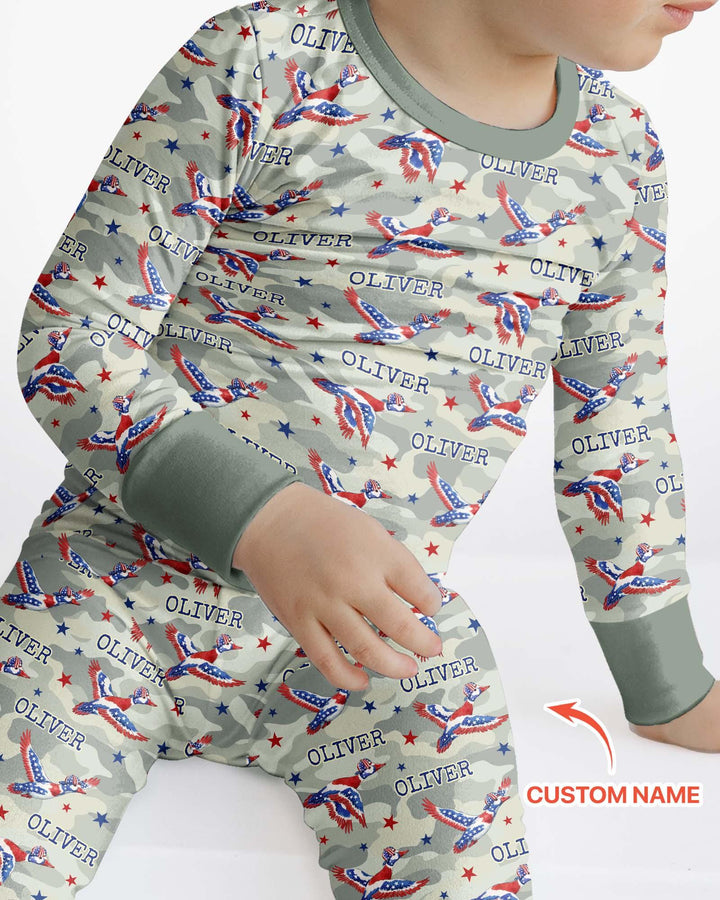 Custom Name America Mallard Duck Family Matching Bamboo Two Piece Long Sleeve Pajama Set